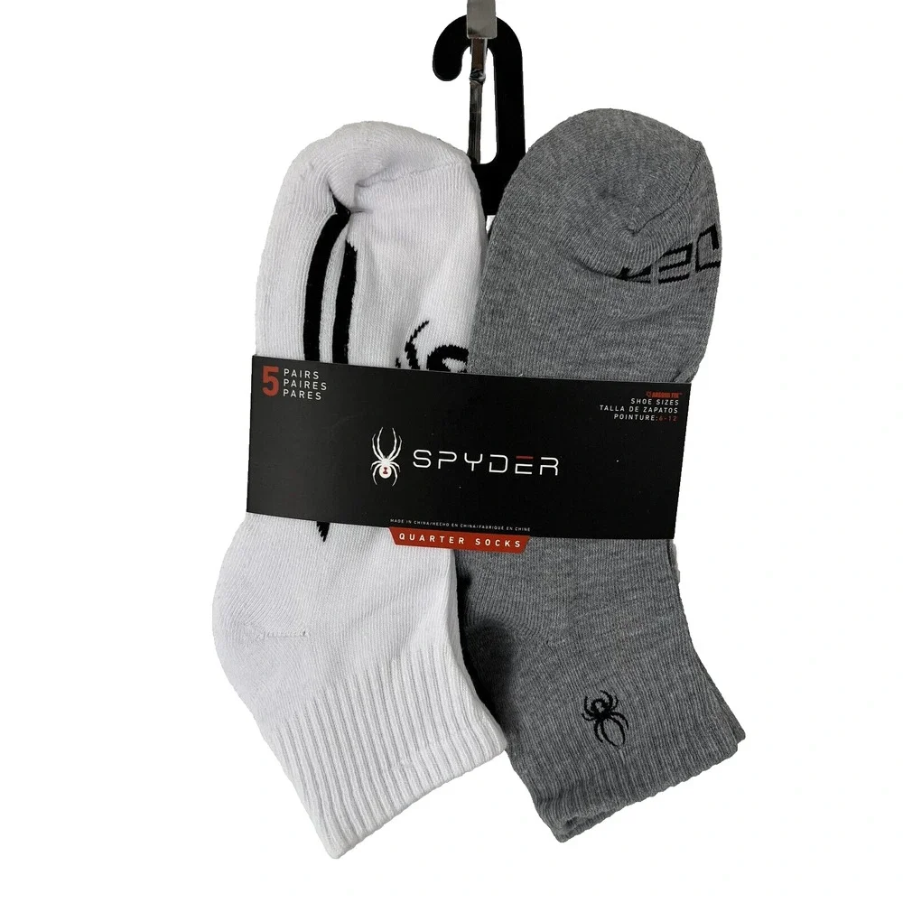 NEW Spyder Men Stripe Quarter Socks 5 Pairs White Black Gray Shoe Size 6 -12